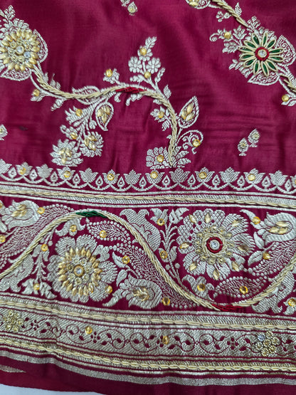 Maroon Zardozi Stone Banarasi Saree