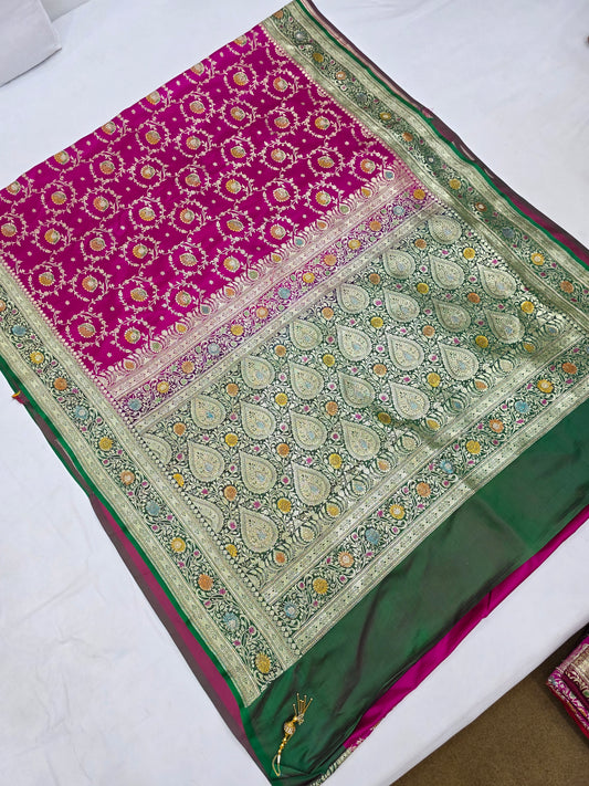 Pink Zarkan Swarovski Banarsi Katan Saree
