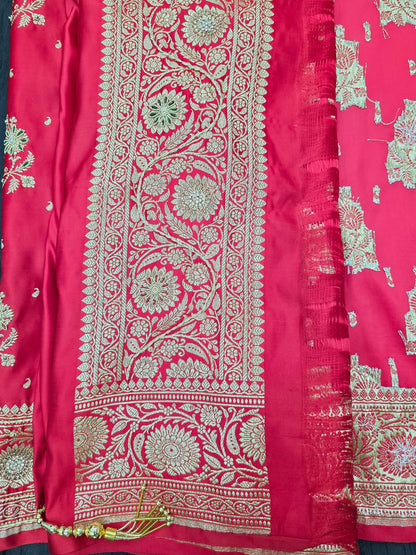 Red Zardozi Zarkan Banarasi Katan Saree