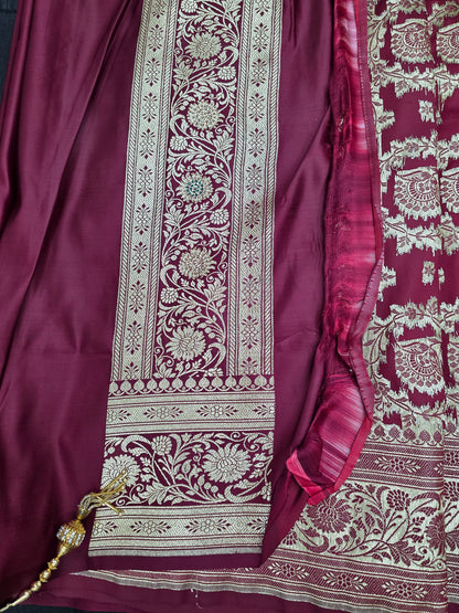 Maroon Zarkan Swarovski Banarasi Katan Saree