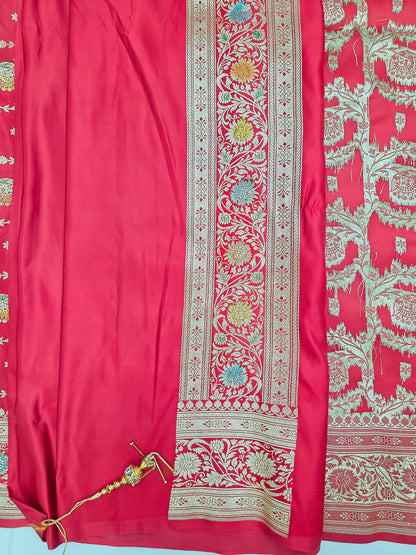 Red Zarkan swarovski Banarasi Katan Saree