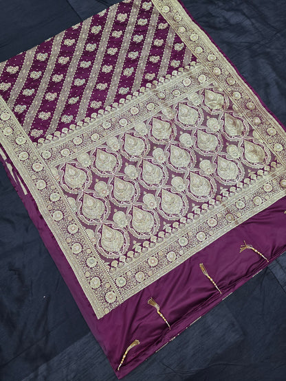 Wine Zardozi Zarkan Banarasi Katan Saree