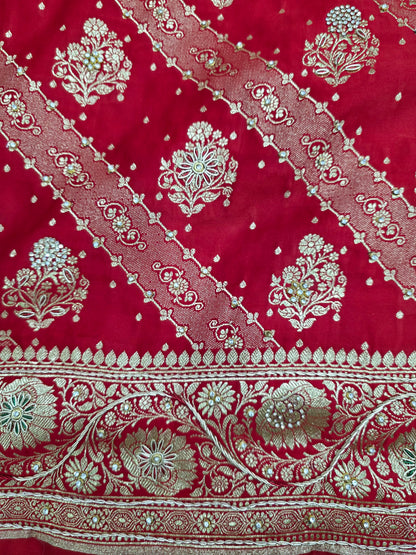 Red Zardozi Zarkan Banarasi Katan Saree