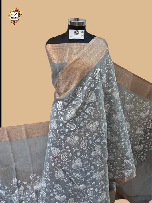 Grey Banarasi Embroidery Saree