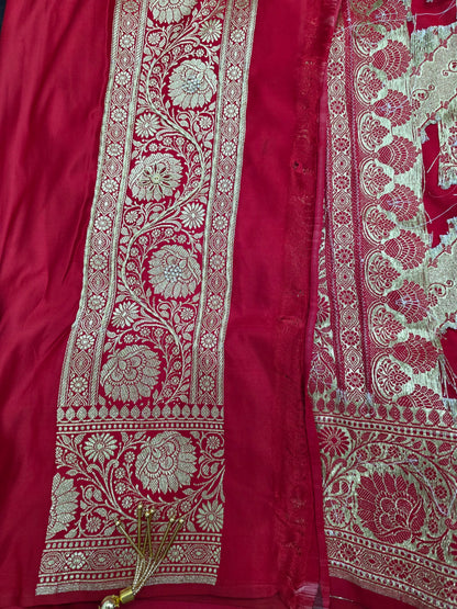 Red Zardozi Zarkan Banarasi Katan Saree