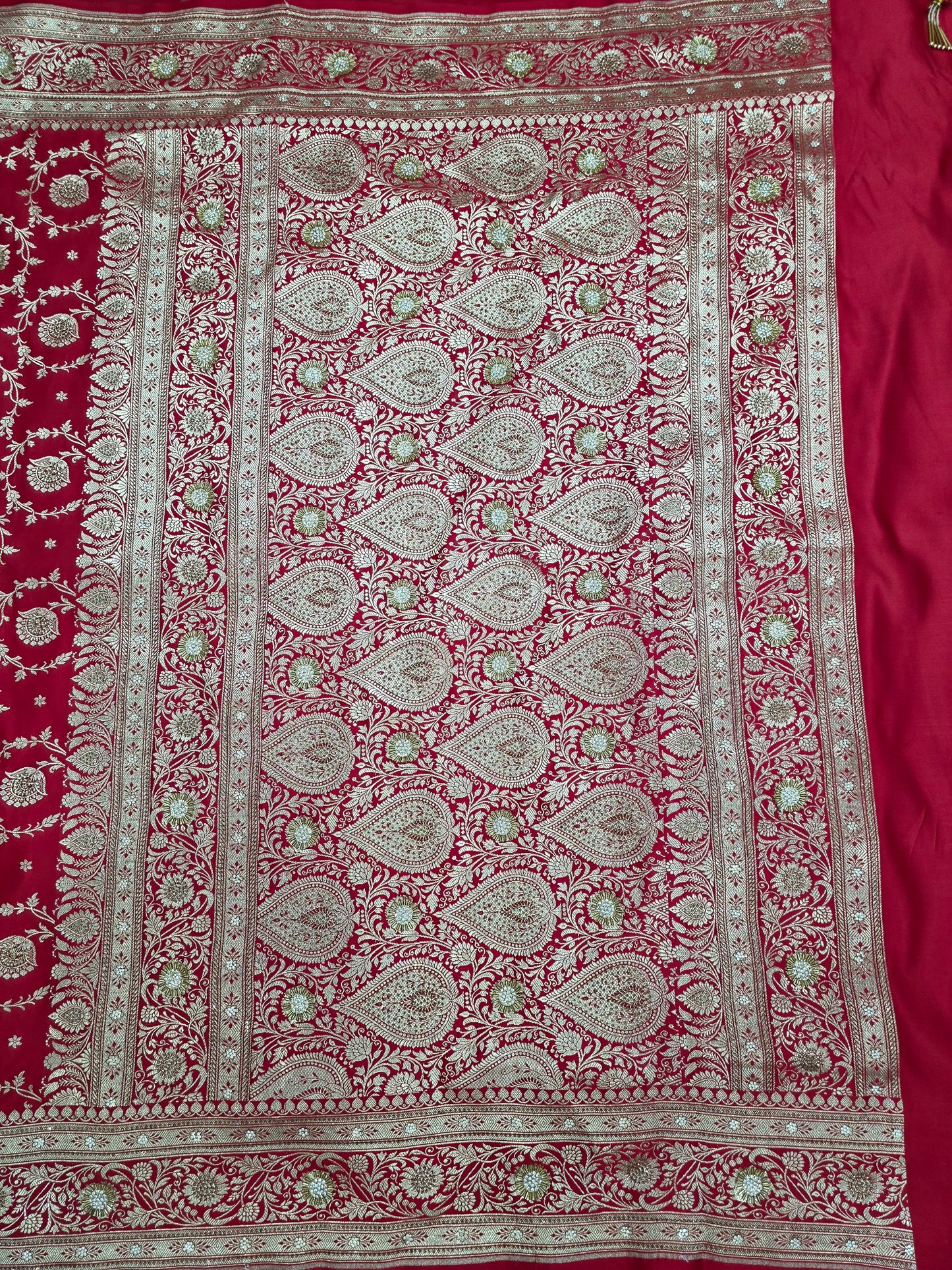 Red Zarkan Swarovski Banarasi Katan Saree