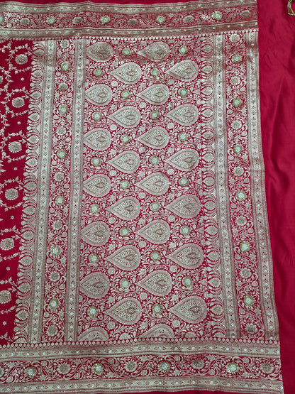 Red Zarkan Swarovski Banarasi Katan Saree