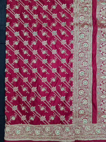 Maroon Zardozi Zarkan Banarasi Katan Saree