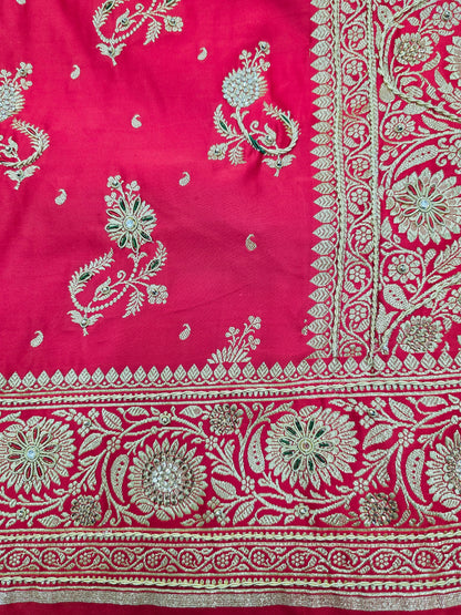 Red Zardozi Zarkan Banarasi Katan Saree