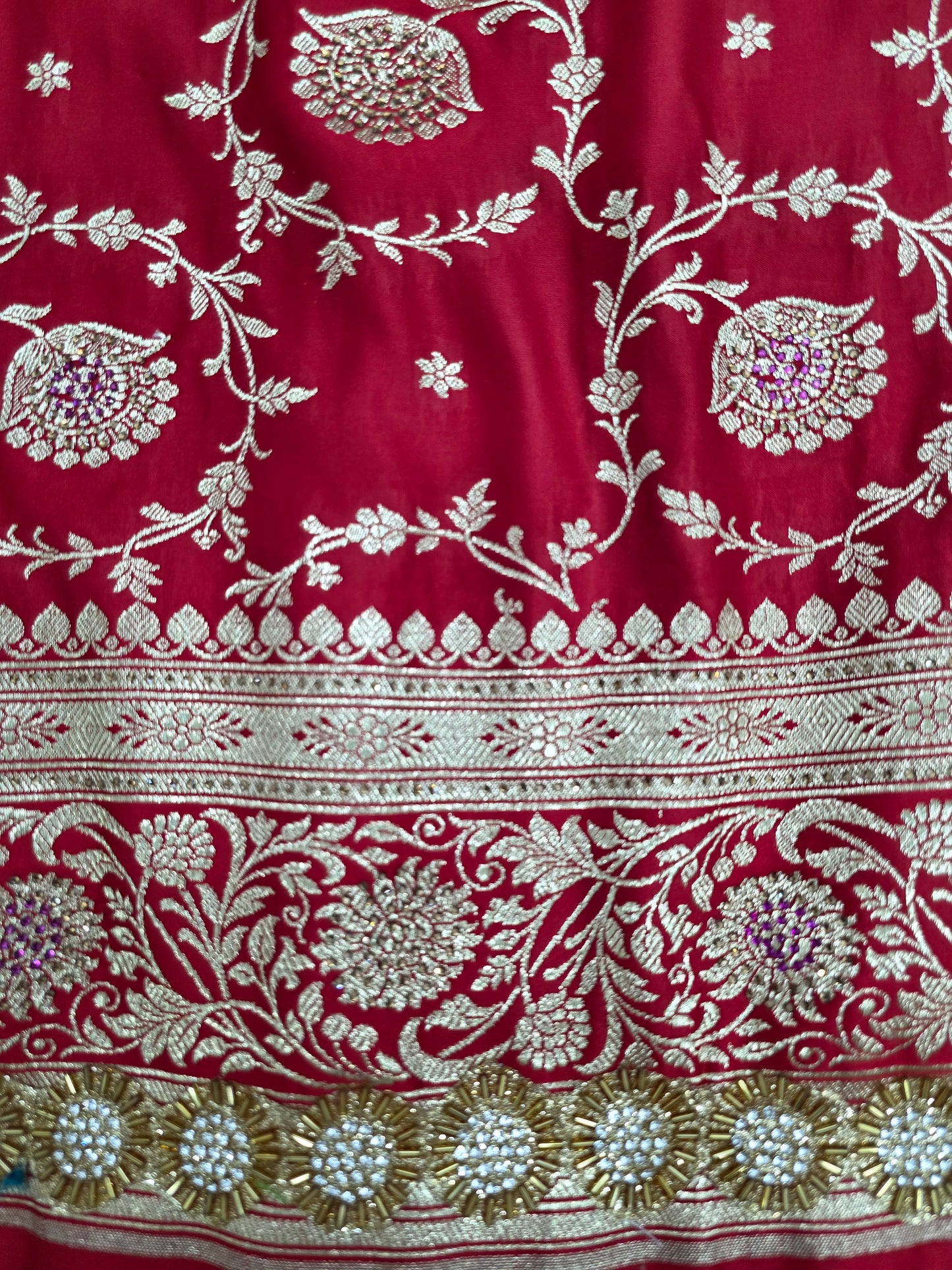 Red Zarkan Swarovski Banarasi Katan Saree