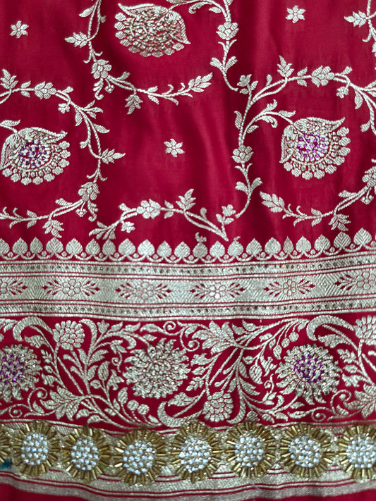 Red Zarkan Swarovski Banarasi Katan Saree