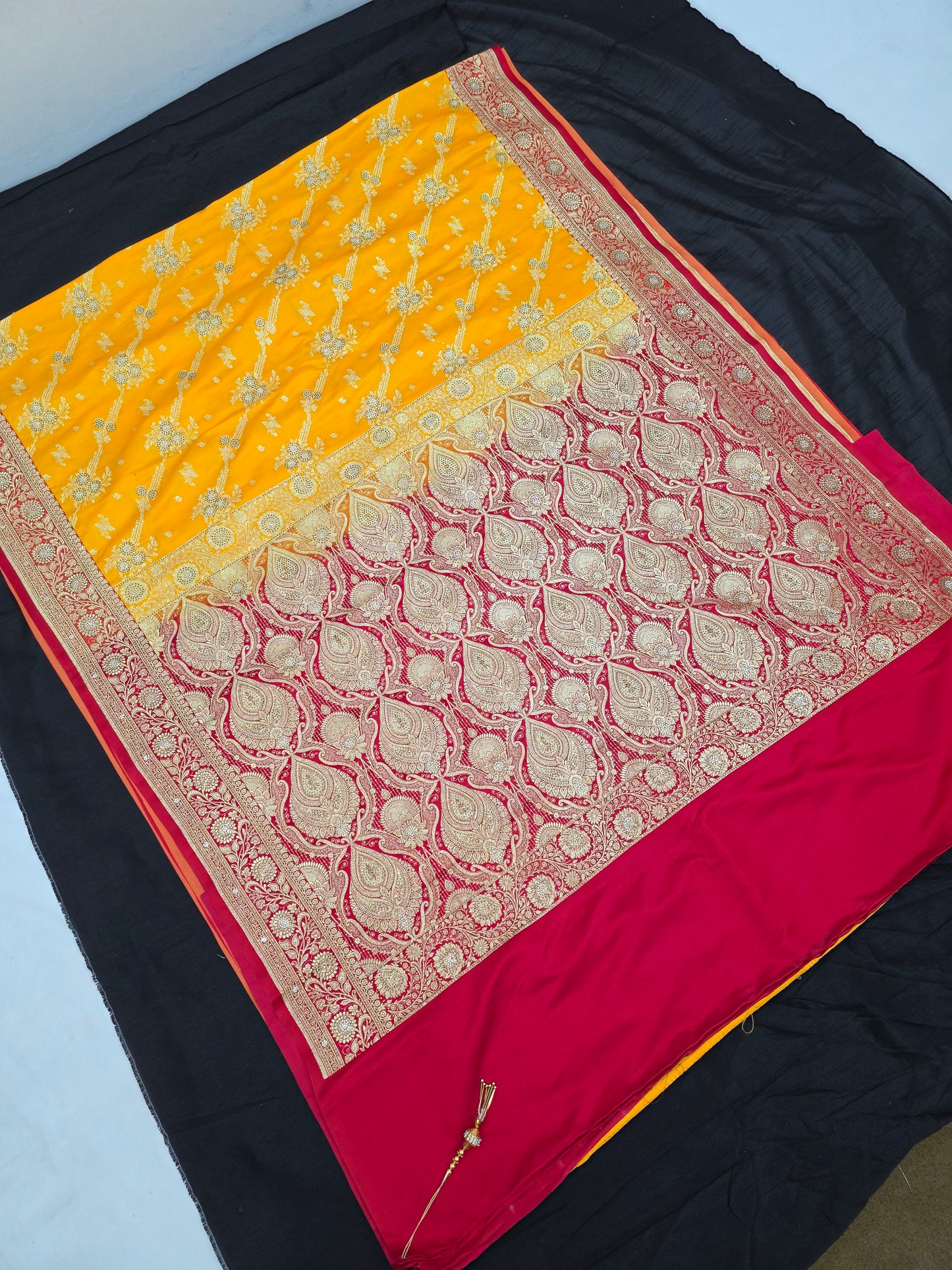 Yello Zarkan Swarovski Banarasi Katan Saree