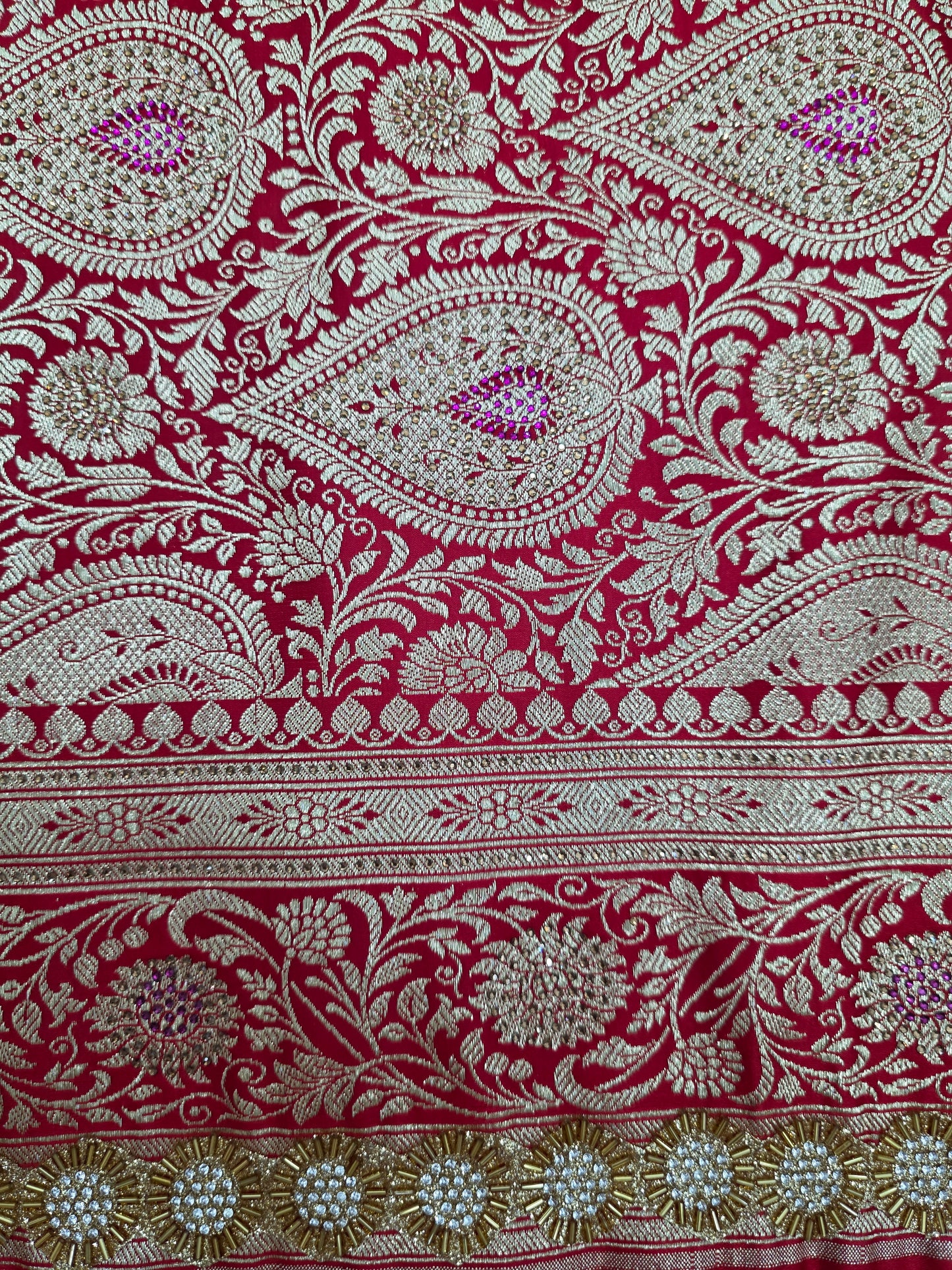 Red Zarkan Swarovski Banarasi Katan Saree