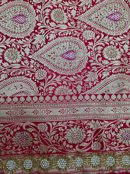 Red Zarkan Swarovski Banarasi Katan Saree