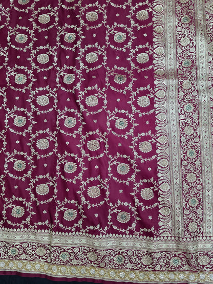 Maroon Zarkan Swarovski Banarasi Katan Saree