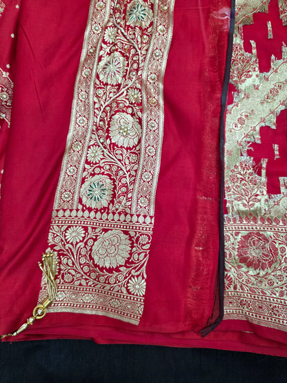 Red Zardozi Zarkan Banarasi Katan Saree