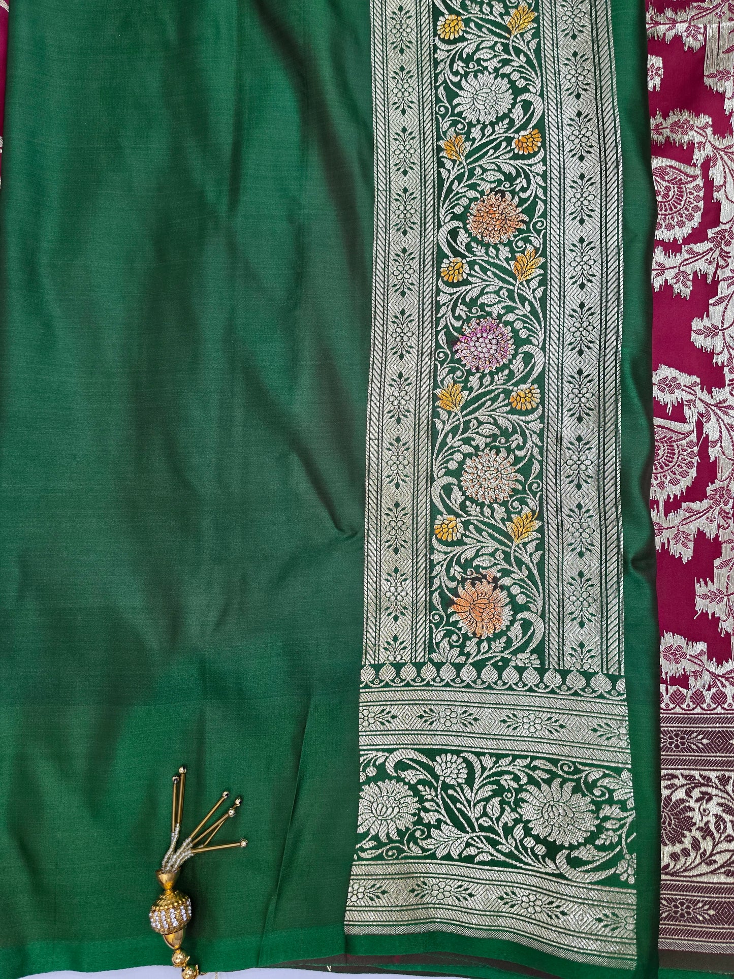 Maroon Zarkan Swarovski Banarsi Katan Saree