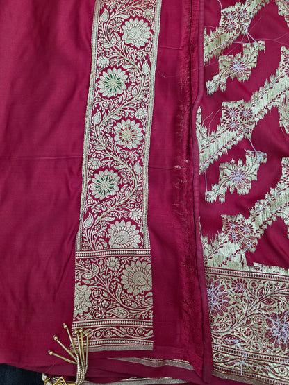 Maroon Zardozi Zarkan Banarasi Katan Saree