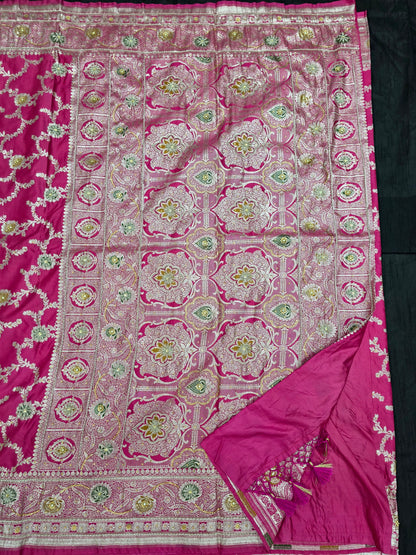 Strawberry Rani Pink Zardozi Zarkan Banarasi  Katan Saree