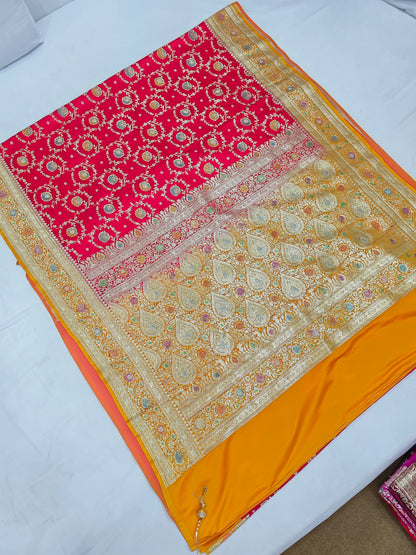 Red Zarkan Swarovski Banarsi Katan Saree