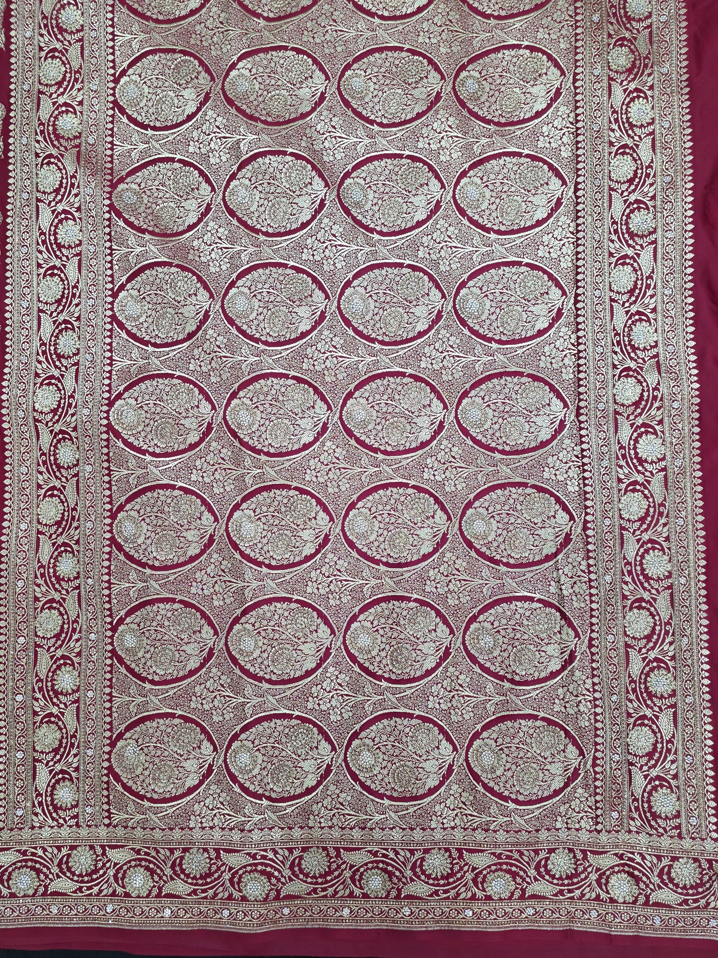 Maroon Zarkan Swarovski Banarasi Katan Saree