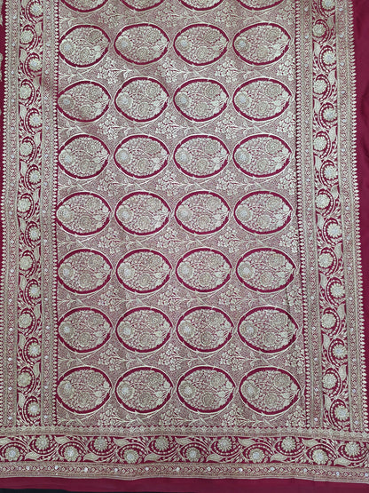 Maroon Zarkan Swarovski Banarasi Katan Saree
