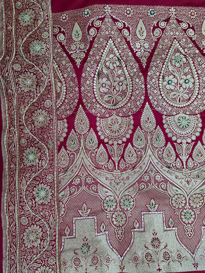 Maroon Zardozi Zarkan Banarasi Katan Saree