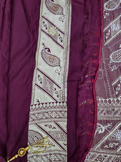 Wine Zardozi Zarkan Banarasi Katan Saree