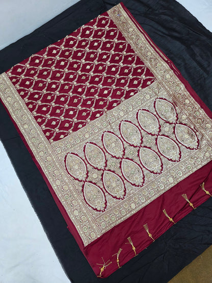 Maroon Zardozi Zarkan Banarasi Katan Saree