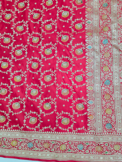 Red Zarkan swarovski Banarasi Katan Saree