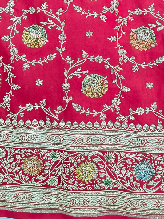 Red Zarkan swarovski Banarasi Katan Saree