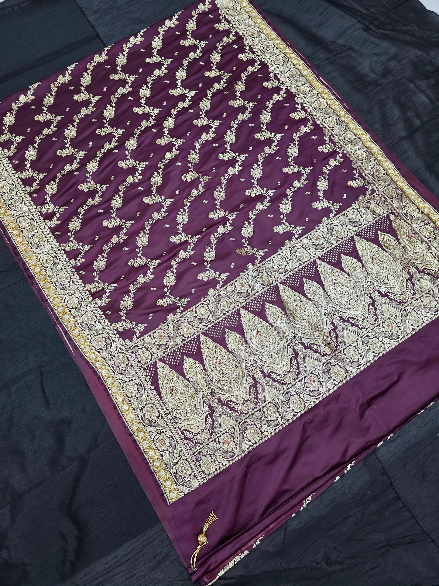 Wine Zarkan Swarovski Banarasi Katan Saree