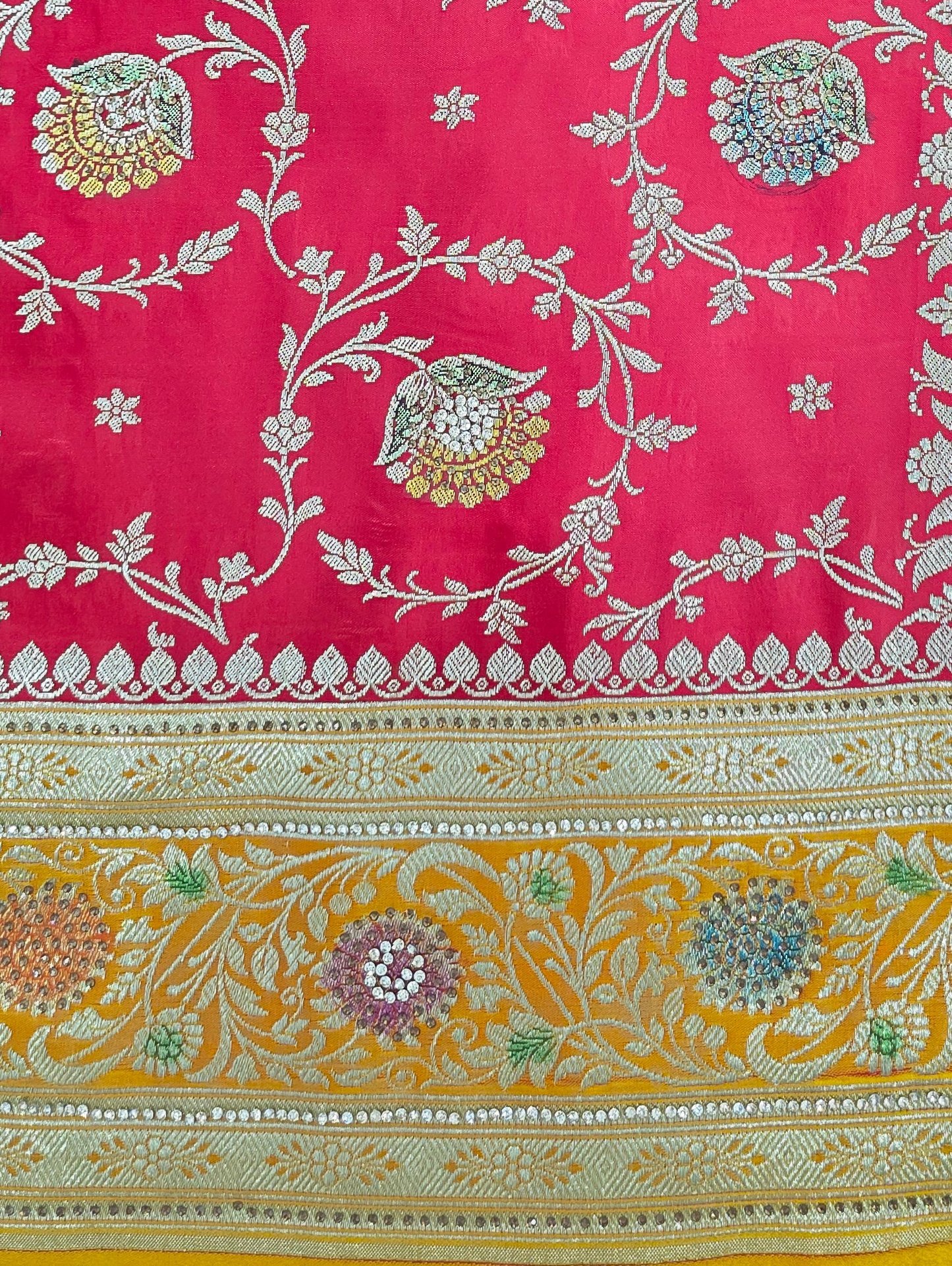 Red Zarkan Swarovski Banarsi Katan Saree