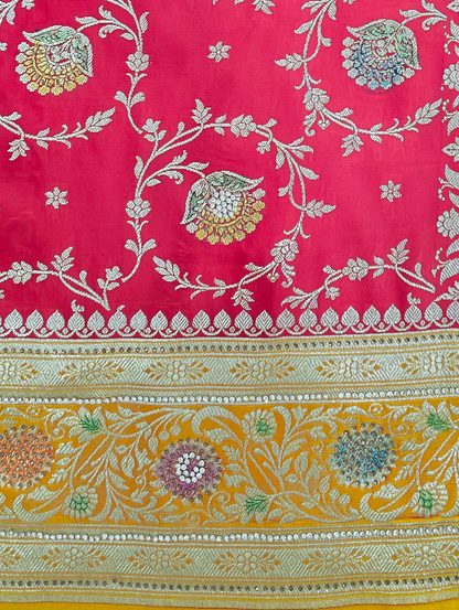 Red Zarkan Swarovski Banarsi Katan Saree
