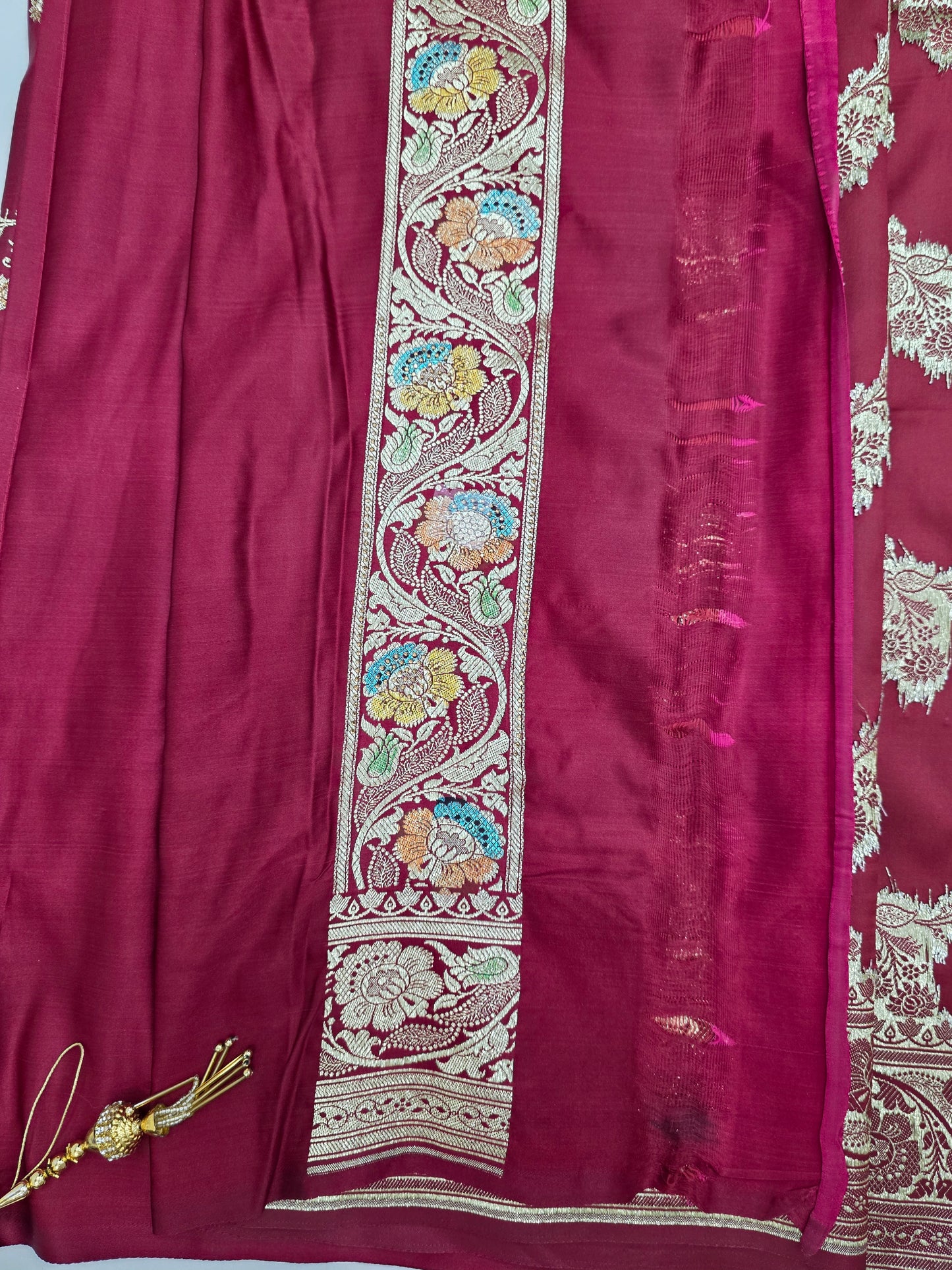 Maroon Zarkan Swarovski Banarsi Katan Saree