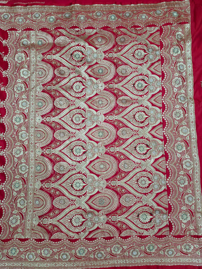 Red Zardozi Zarkan Moti Banarasi Saree