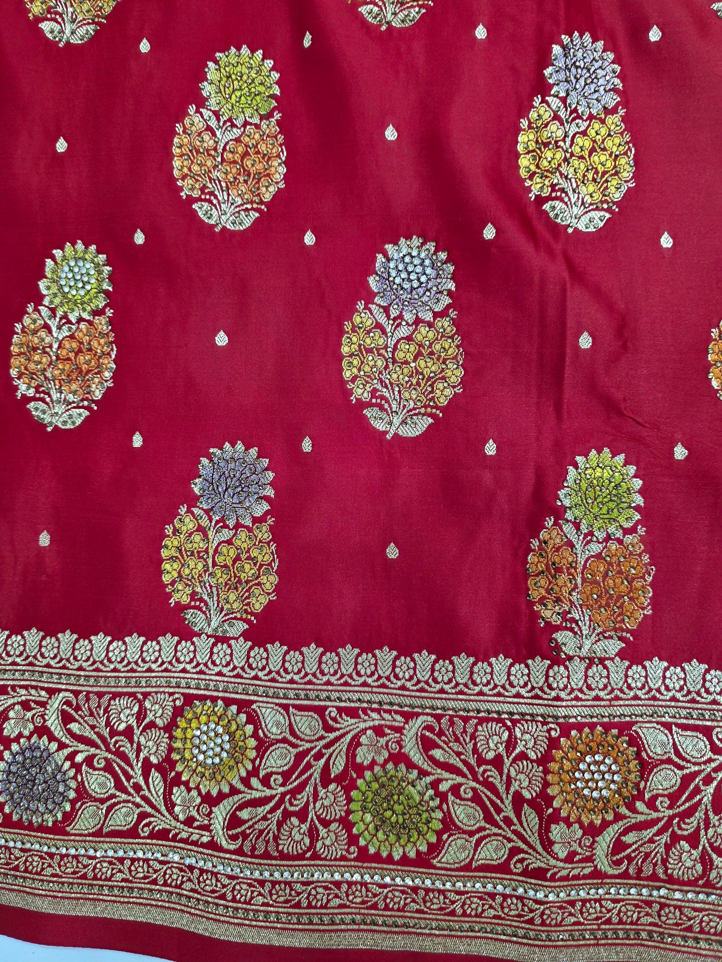 Red Mina Kari Zarkan Swarovski Banarasi Saree