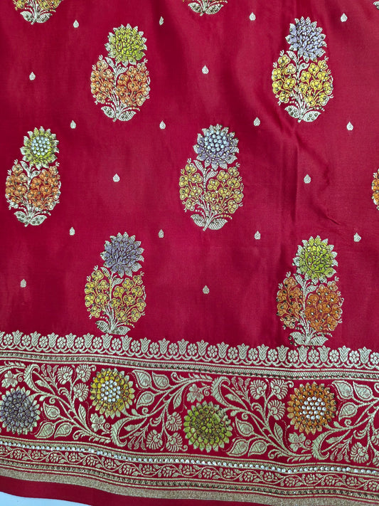Red Mina Kari Zarkan Swarovski Banarasi Saree