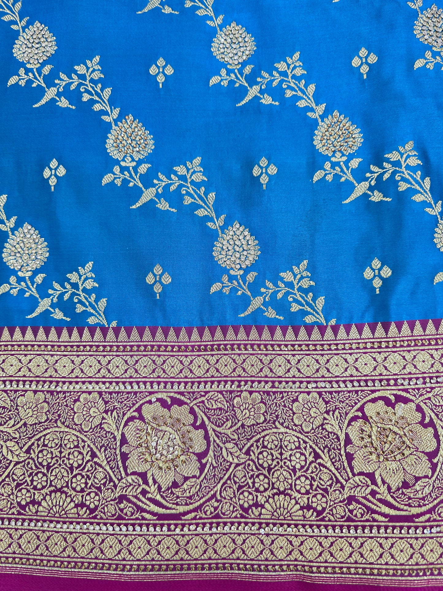 Firozi Blue Zarkan Swarovski Banarasi Saree