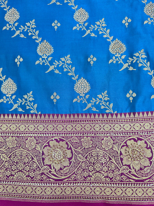 Firozi Blue Zarkan Swarovski Banarasi Saree