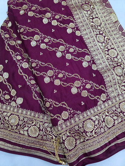 Wine Zarkan Moti Banarasi Silk Saree