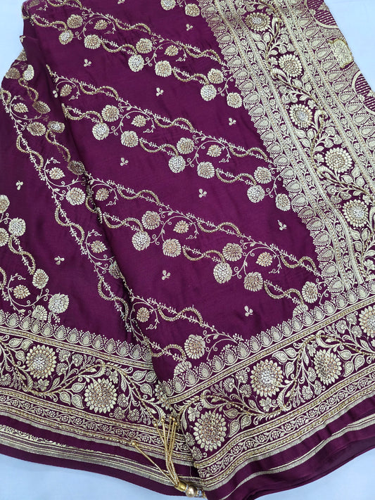 Wine Zarkan Moti Banarasi Silk Saree
