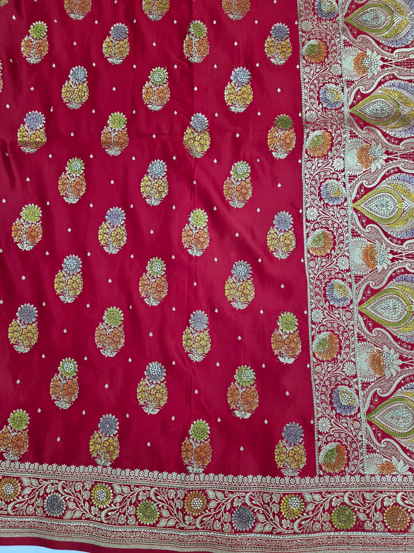 Red Mina Kari Zarkan Swarovski Banarasi Saree