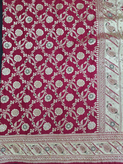 Maroon Zardozi Zarkan Banarasi Katan Saree