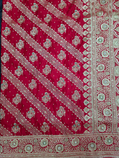 Red Zardozi Zarkan Banarasi Katan Saree