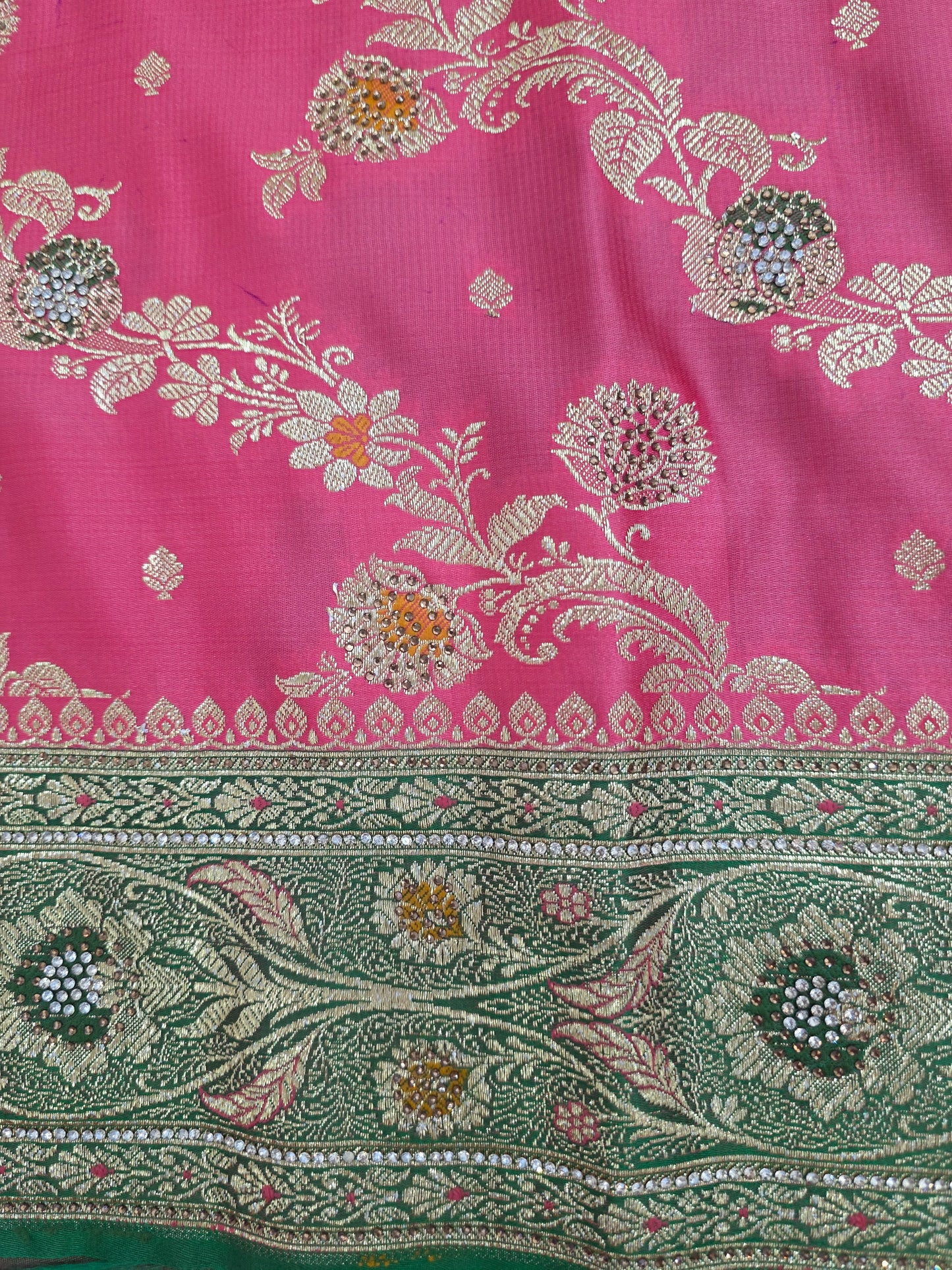 Strawberry Zarkan Swarovski Banarasi katan saree