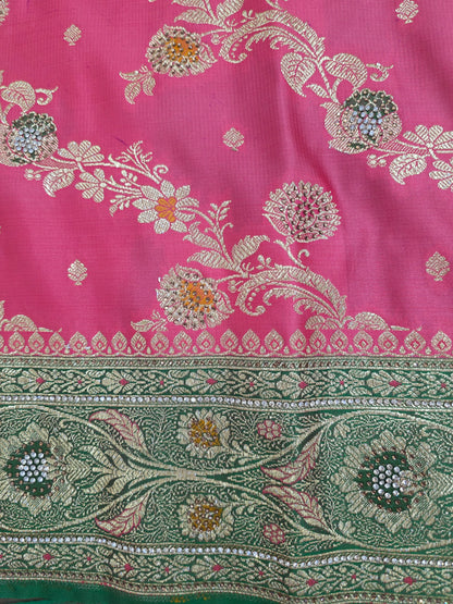 Strawberry Zarkan Swarovski Banarasi katan saree