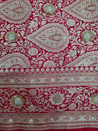 Red Zarkan Swarovski Banarasi Katan Saree