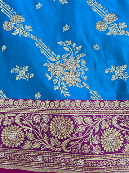 Blue Zarkan Swarovski Banarasi Katan Saree