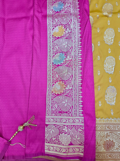 Yellow Zarkan Swarovski Banarasi Katan Saree